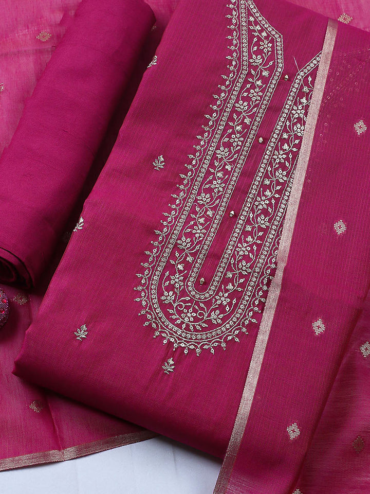 Embroidered Chanderi Unstitched Suit With Pant &amp; Dupatta