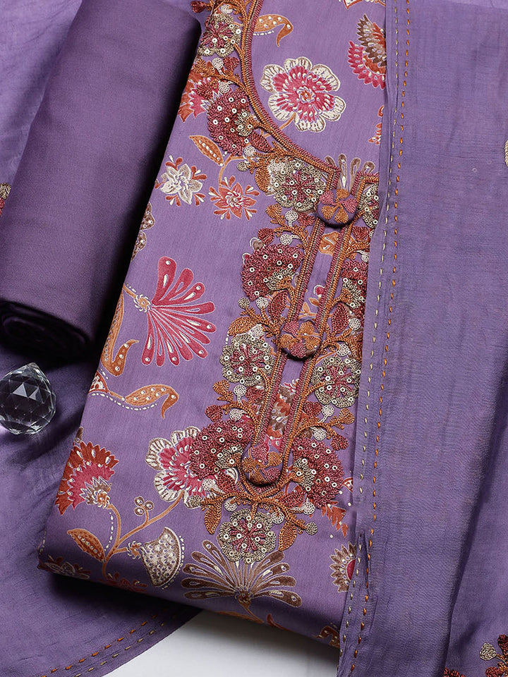 Embroidered Cotton Blend Unstitched Suit With Pant &amp; Dupatta