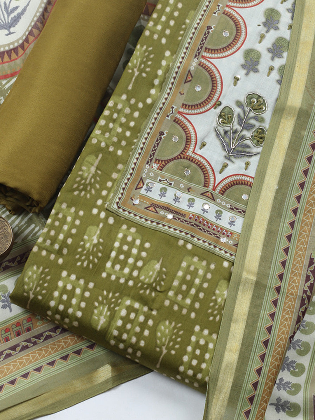 Embroidered Cotton Blend Unstitched Suit With Pant &amp; Dupatta