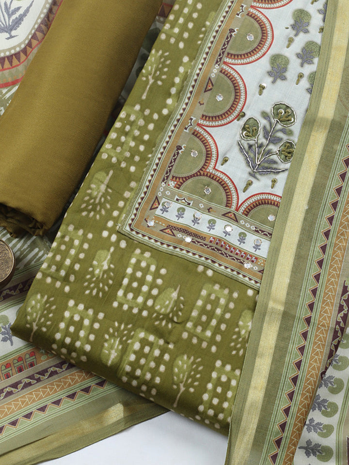 Embroidered Cotton Blend Unstitched Suit With Pant &amp; Dupatta