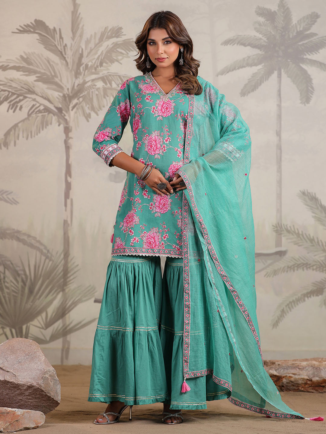 Floral Printed Cotton Blend Kurta With Garara & Dupatta