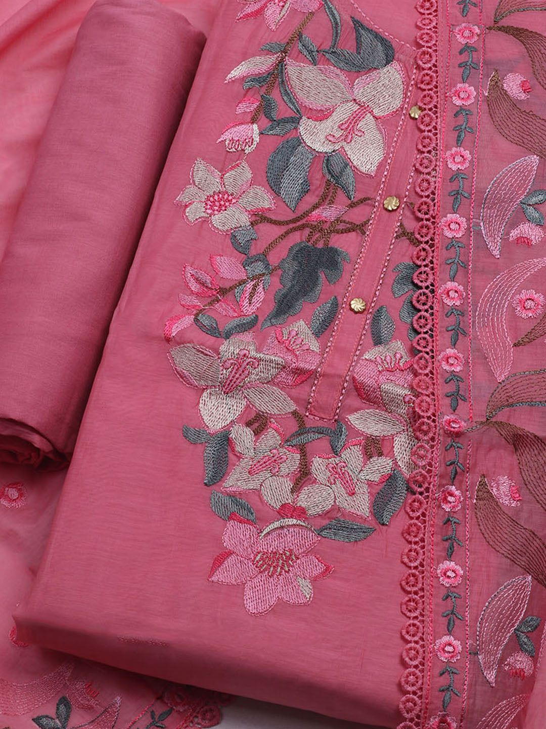Embroidered Chanderi Unstitched Suit With Dupatta