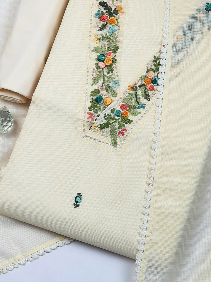 Embroidered Cotton Blend Unstitched Suit With Pant &amp; Dupatta