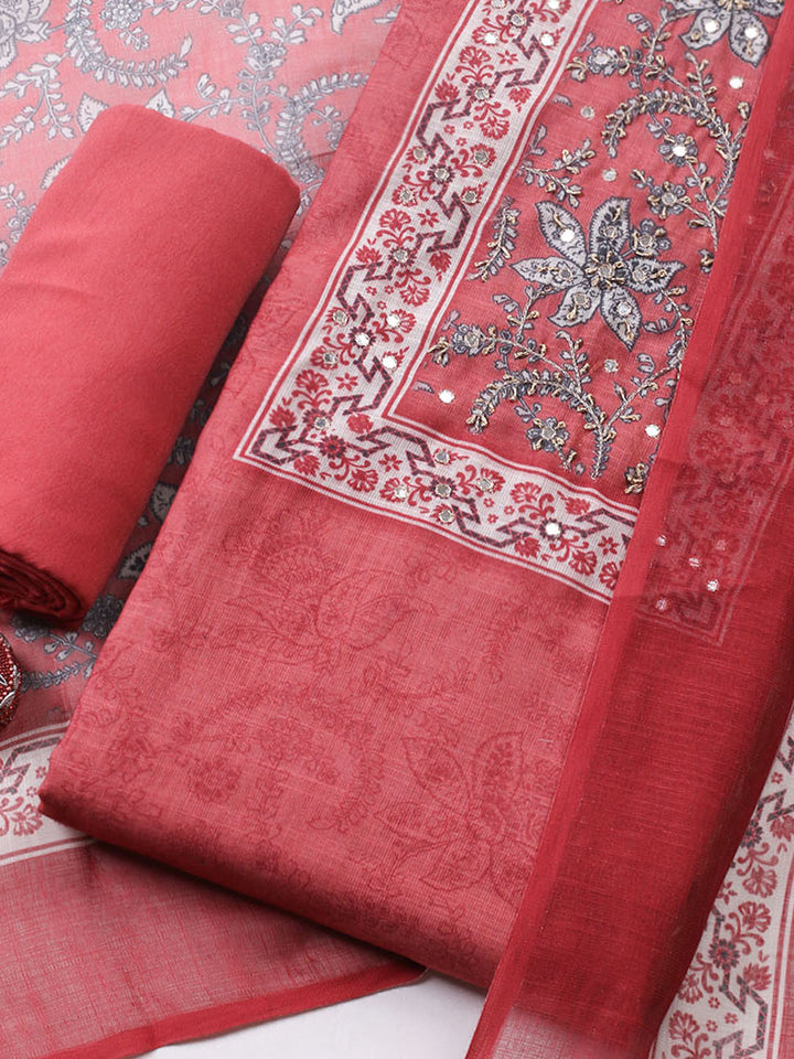 Embroidered Cotton Blend Unstitched Suit With Pant &amp; Dupatta