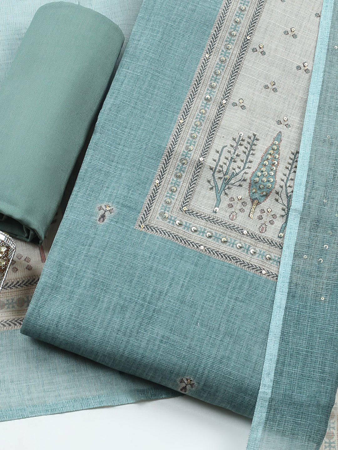 Printed Linen Blend Unstitched Suit With Pant &amp; Dupatta