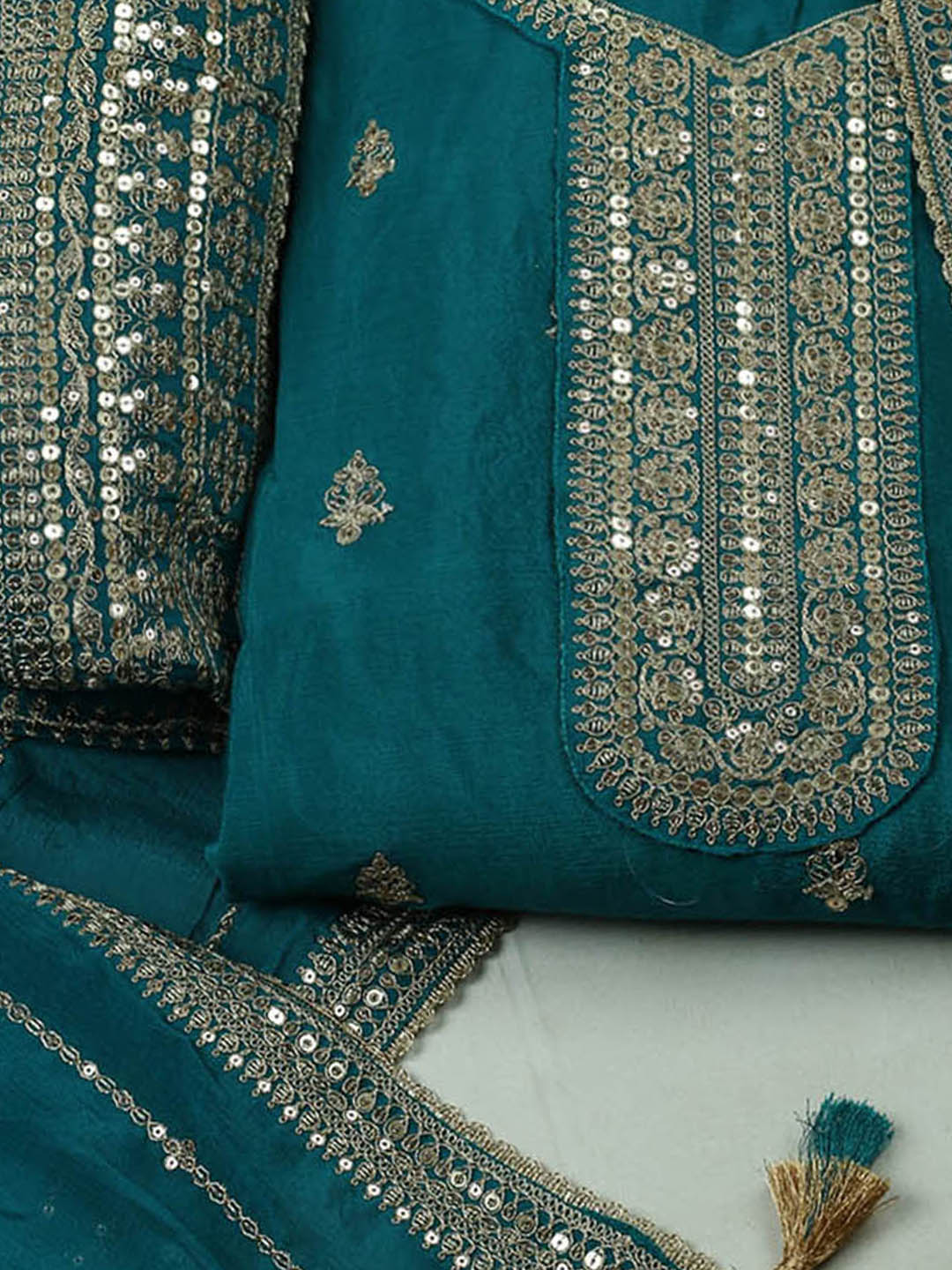 Embroidered Chinon Unstitched Suit With Pant &amp; Dupatta