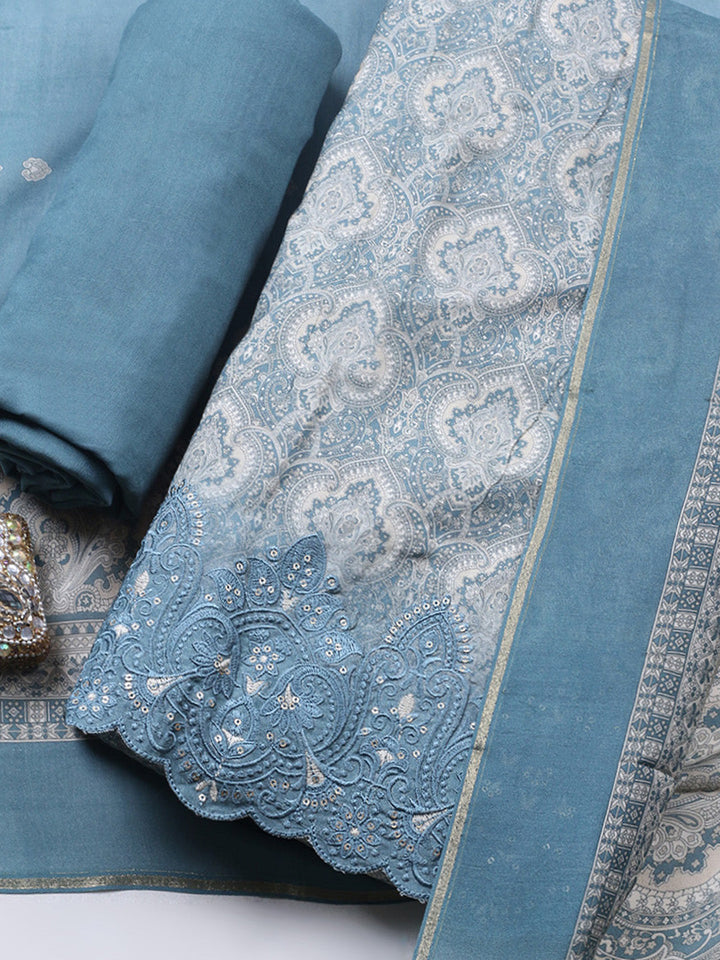 Embroidered Muslin Unstitched Suit With Pant &amp; Dupatta
