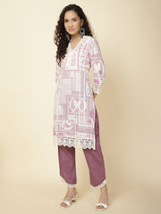 Printed & Panel Embroidery Cotton Kurta With Pants