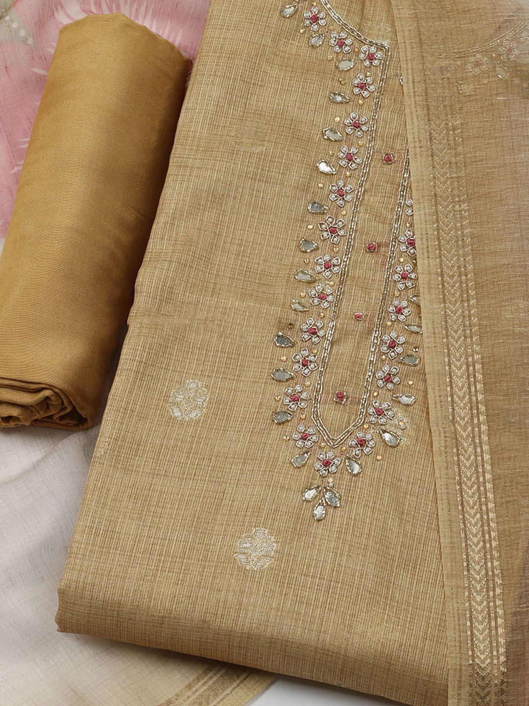 Embroidered Linen Unstitched Kurta With Pant & Dupatta