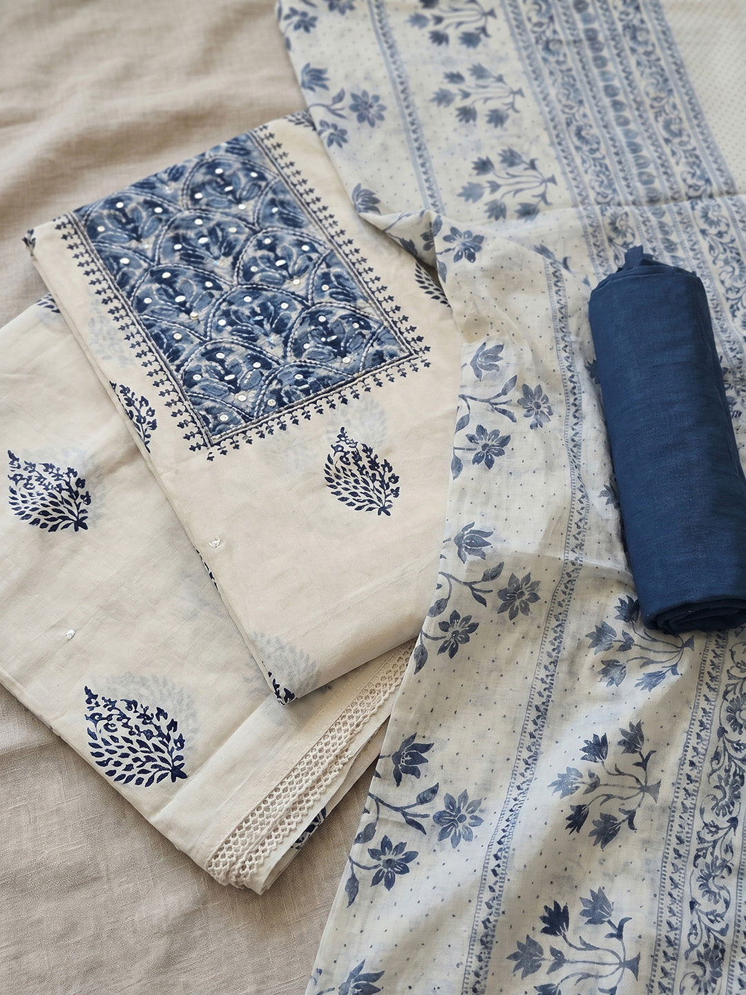 Printed Cotton Blend Unstitched Suit With Pant &amp; Dupatta