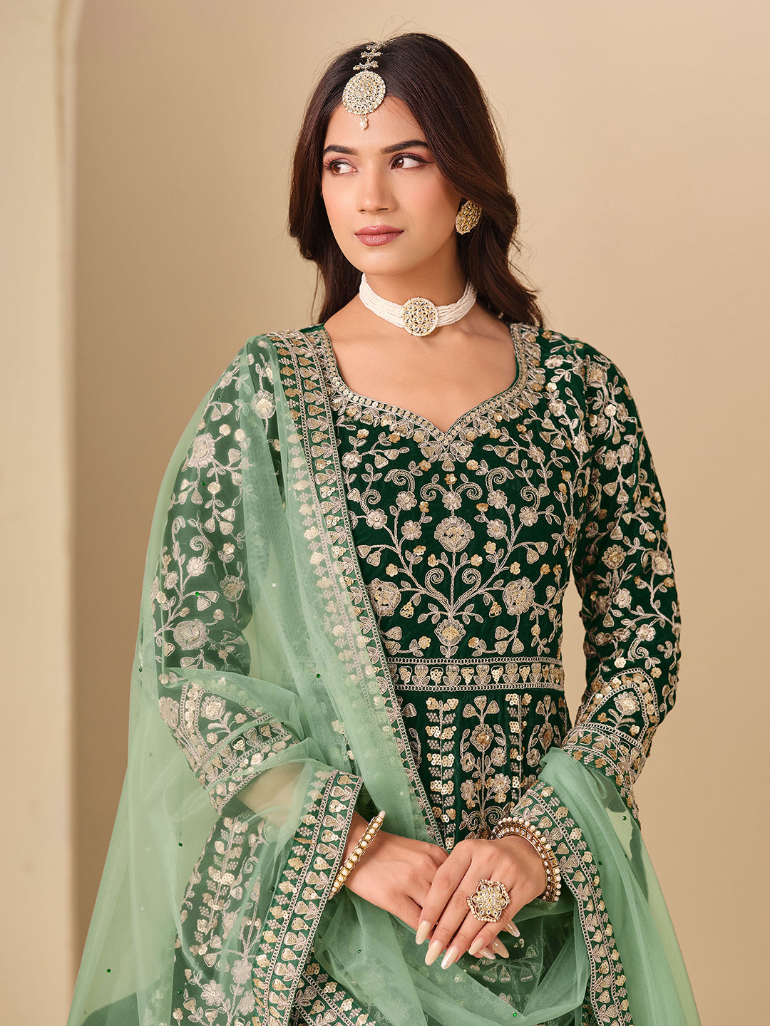 Embroidered Velvet Semi Stitched Kurta With Pant &amp; Dupatta