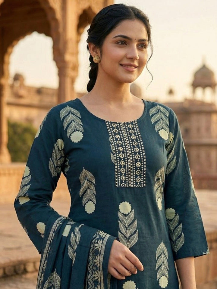 Blue Embroidered Cotton Blend Straight Suit Set With Dupatta