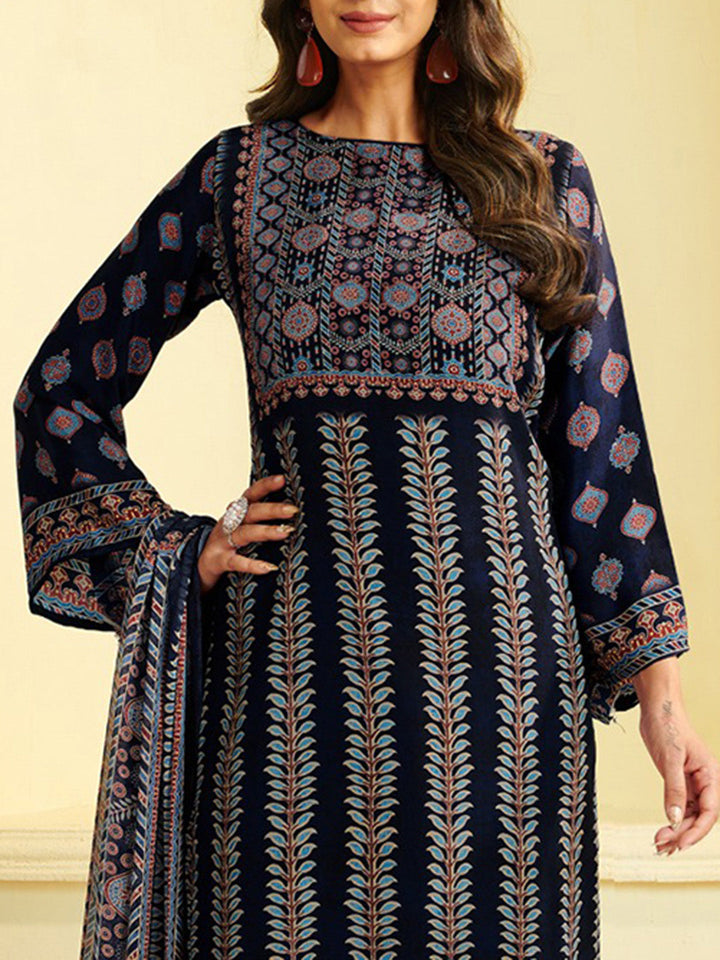 Printed Crepe Unstitched Suit With Pant &amp; Dupatta