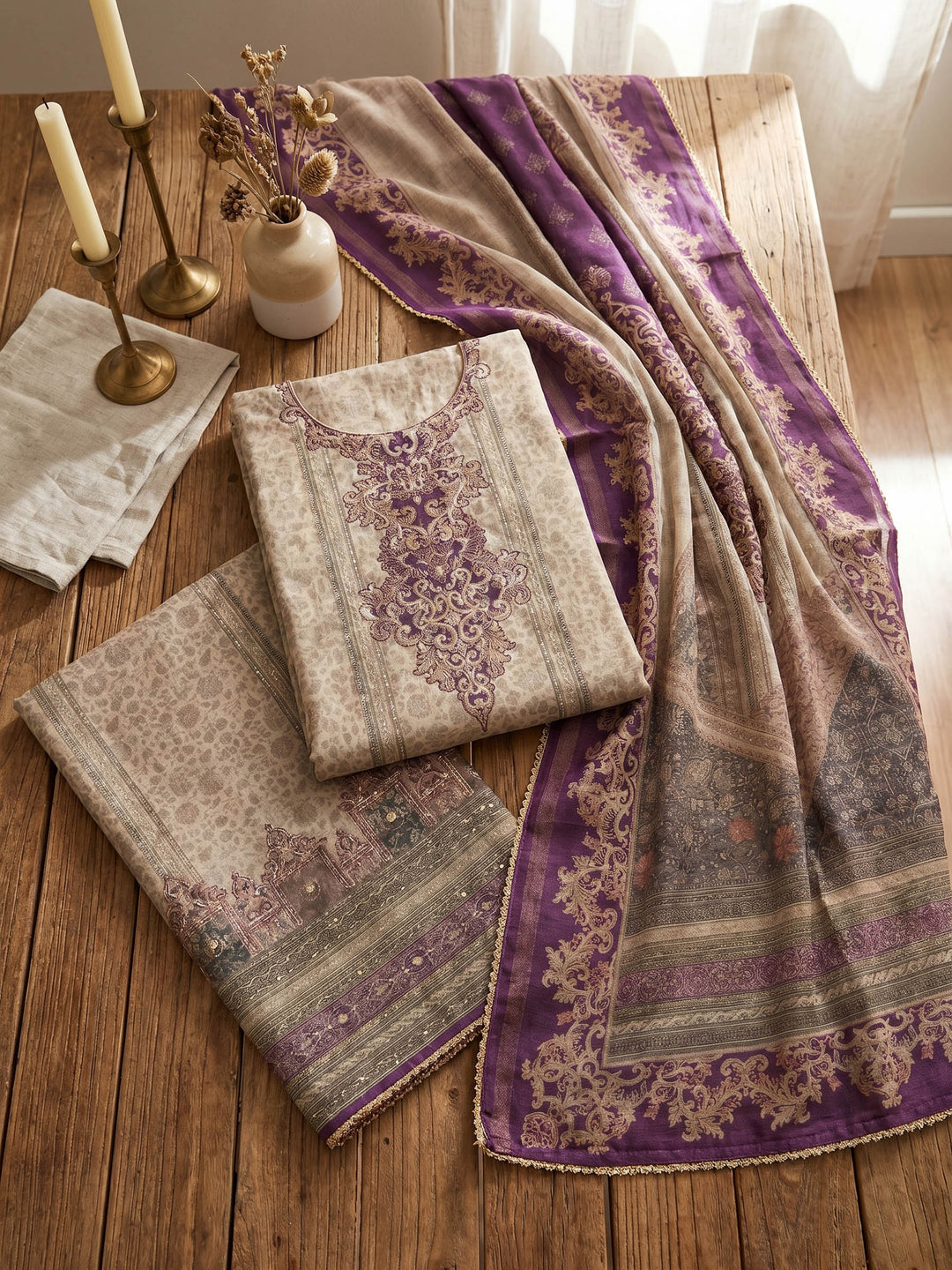 Neck Embroidered Chanderi Unstitched Suit With Dupatta