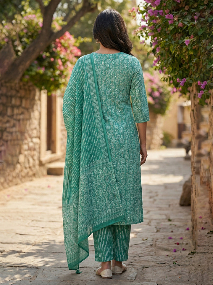 Printed Cotton Blend Suit With Pant &amp; Dupatta