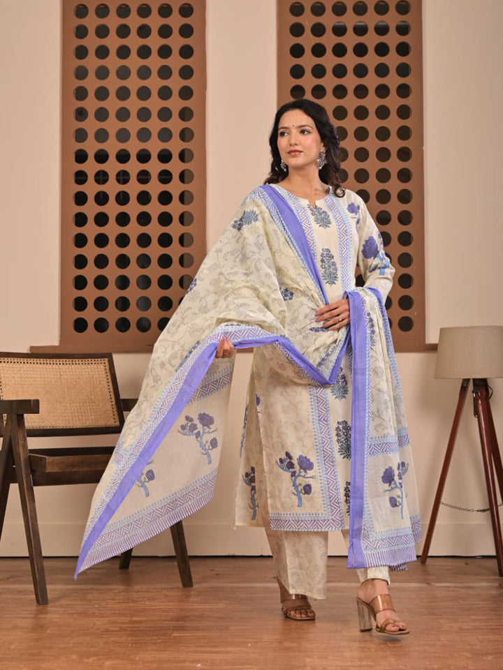 Blue Printed Cotton Blend Straight Suit Set With Dupatta