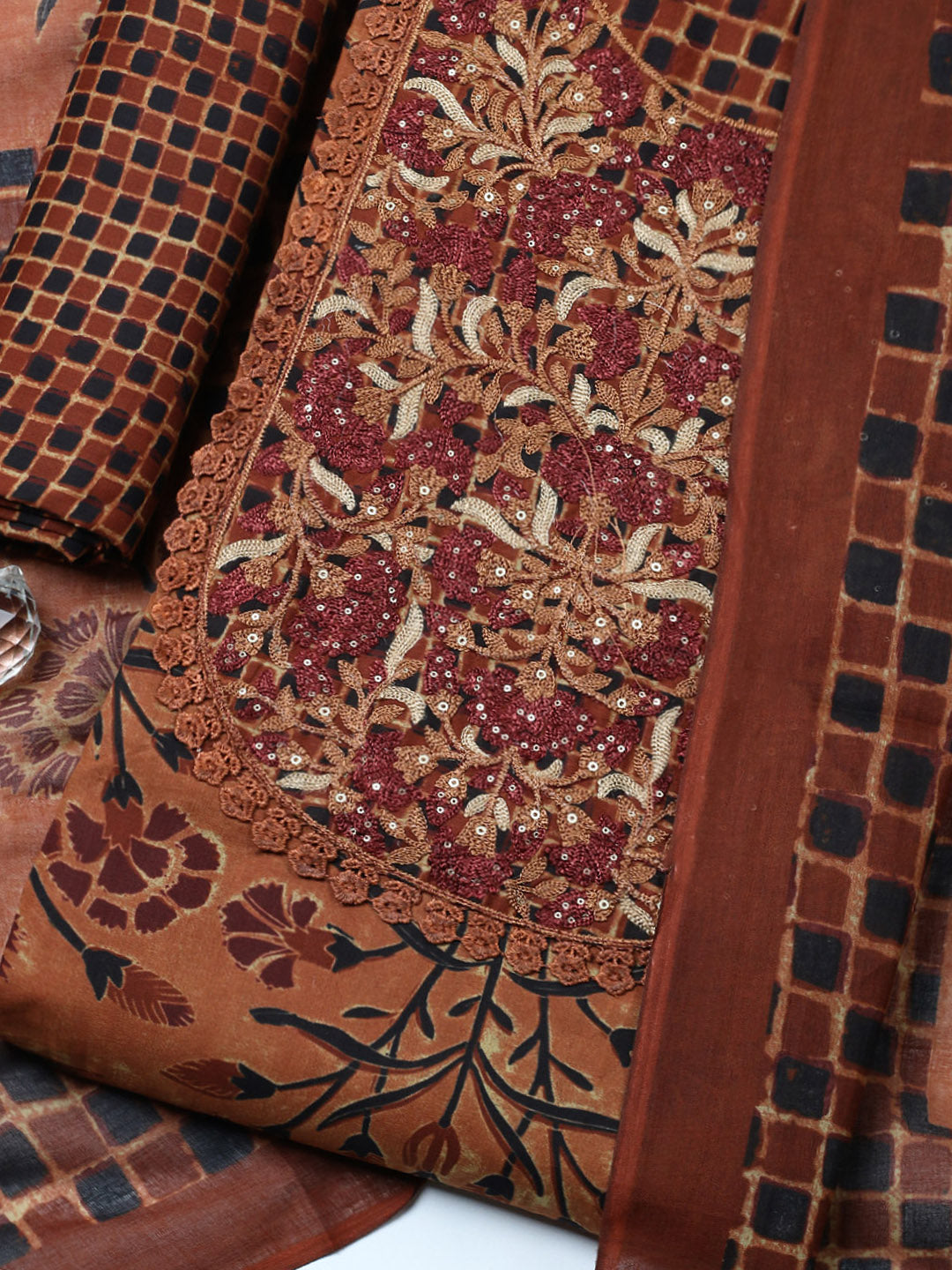 Embroidered Cotton Blend Unstitched Suit With Pant &amp; Dupatta