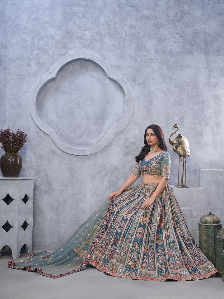 Resham Embroidery Tissue Unstitched Choli With Lehenga &amp; Dupatta