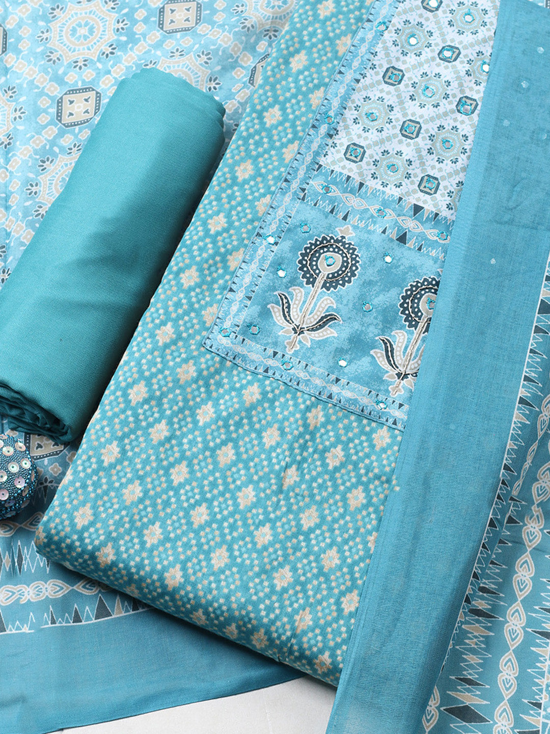 Printed Cotton Blend Unstitched Suit With Pant &amp; Dupatta