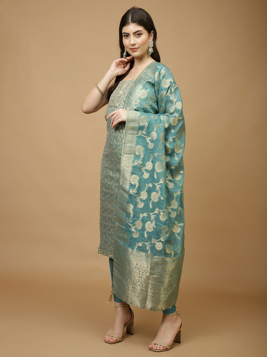 Woven Chanderi Unstitched Suit Piece With Dupatta