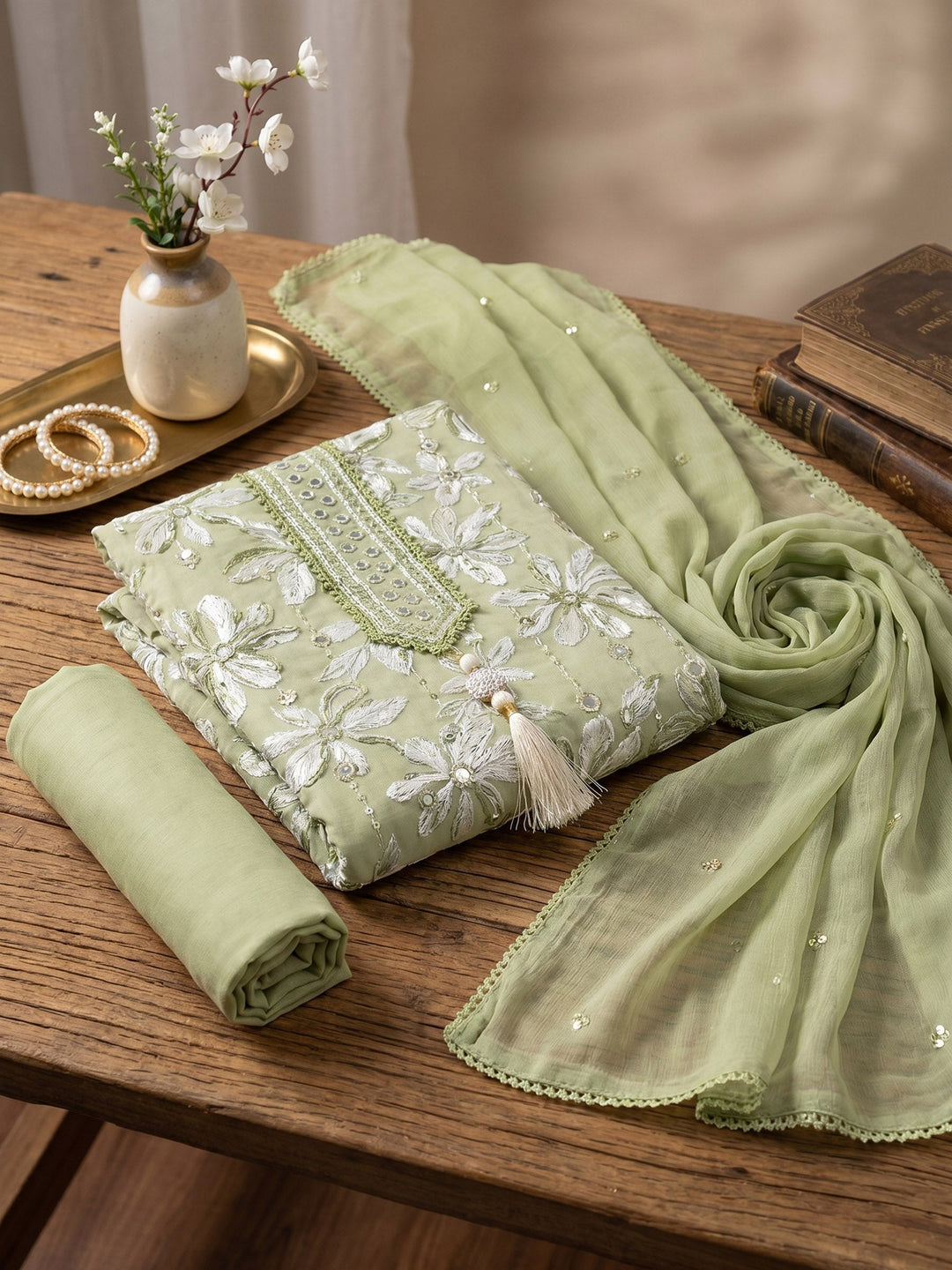 Neck Embroidered Cotton Blend Unstitched Suit With Dupatta
