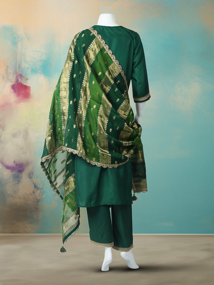 Embroidered Art Silk Kurta With Pant &amp; Dupatta