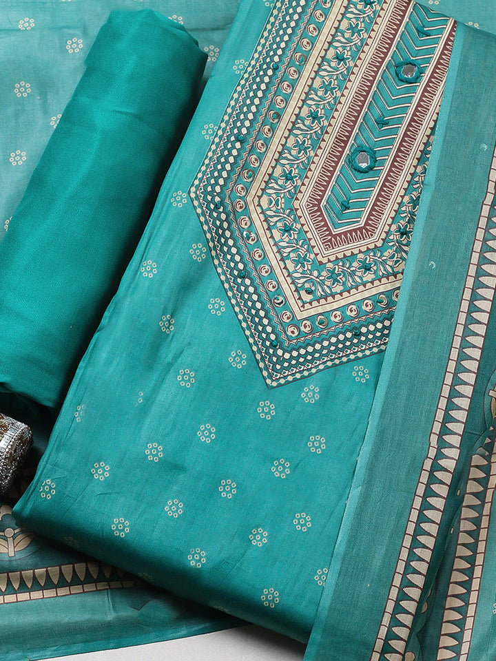 Printed Cotton Blend Unstitched Suit With Pant &amp; Dupatta