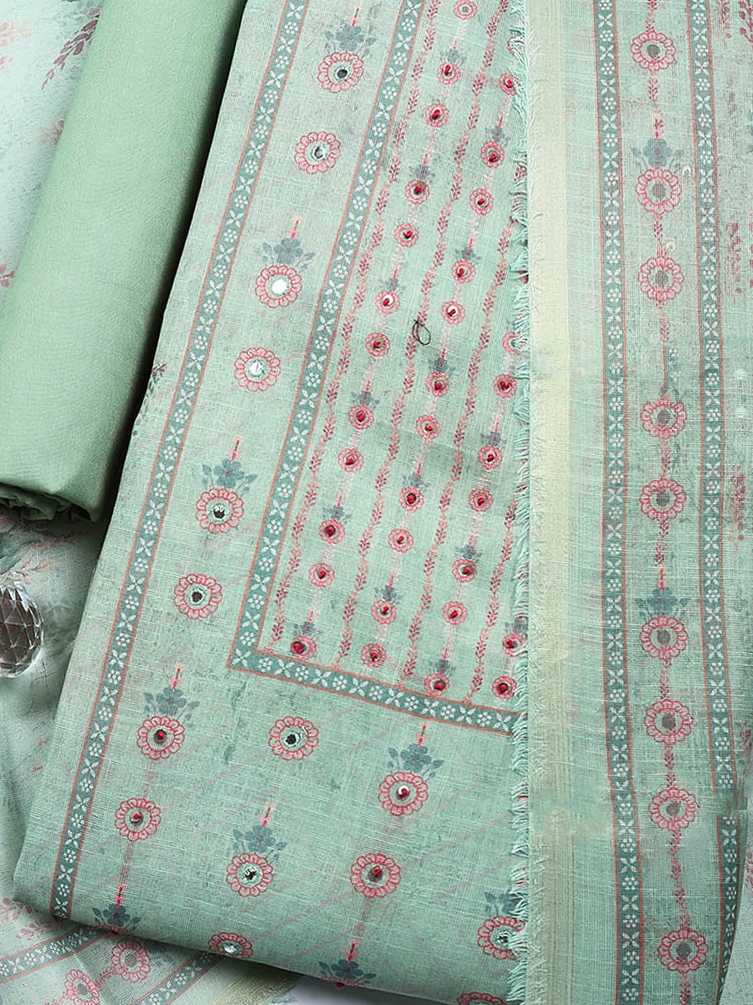 Embellished Tissue Unstitched Suit With Pant &amp; Dupatta