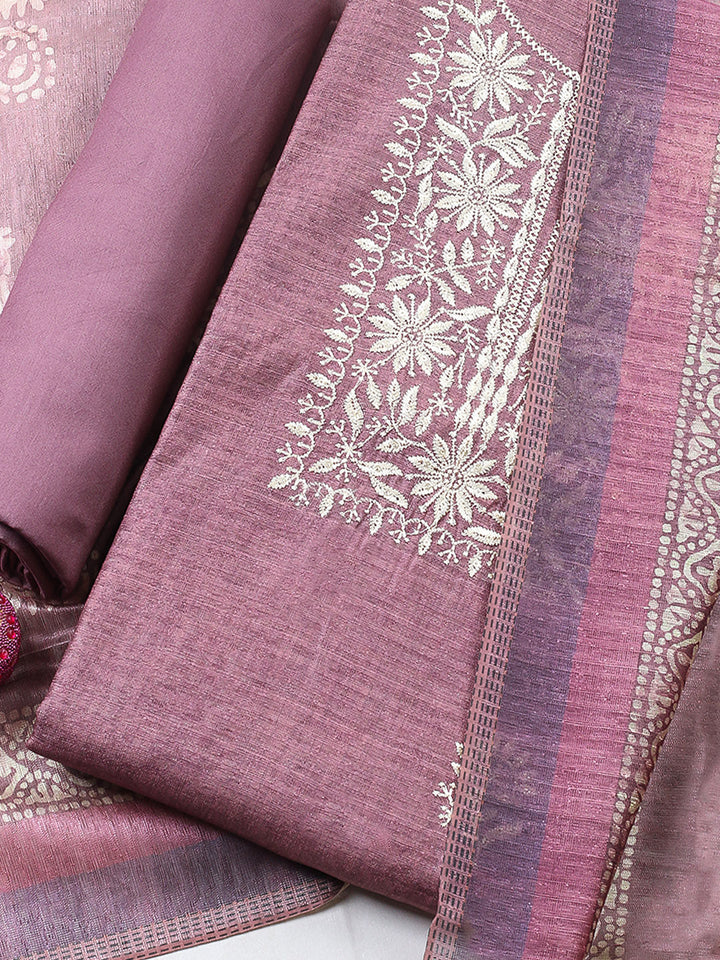 Embroidered Chanderi Unstitched Suit With Pant &amp; Dupatta