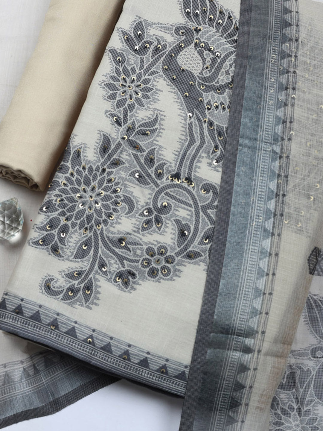 Printed Linen Blend Unstitched Suit With Pant &amp; Dupatta