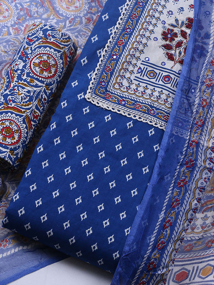 Embroidered Cotton Blend Unstitched Suit With Pant &amp; Dupatta