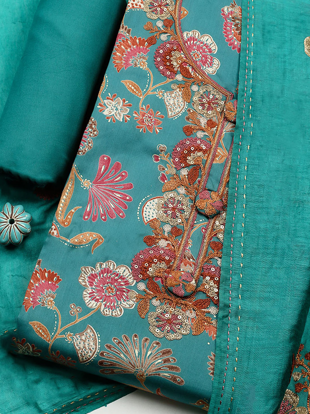 Embroidered Cotton Blend Unstitched Suit With Pant &amp; Dupatta