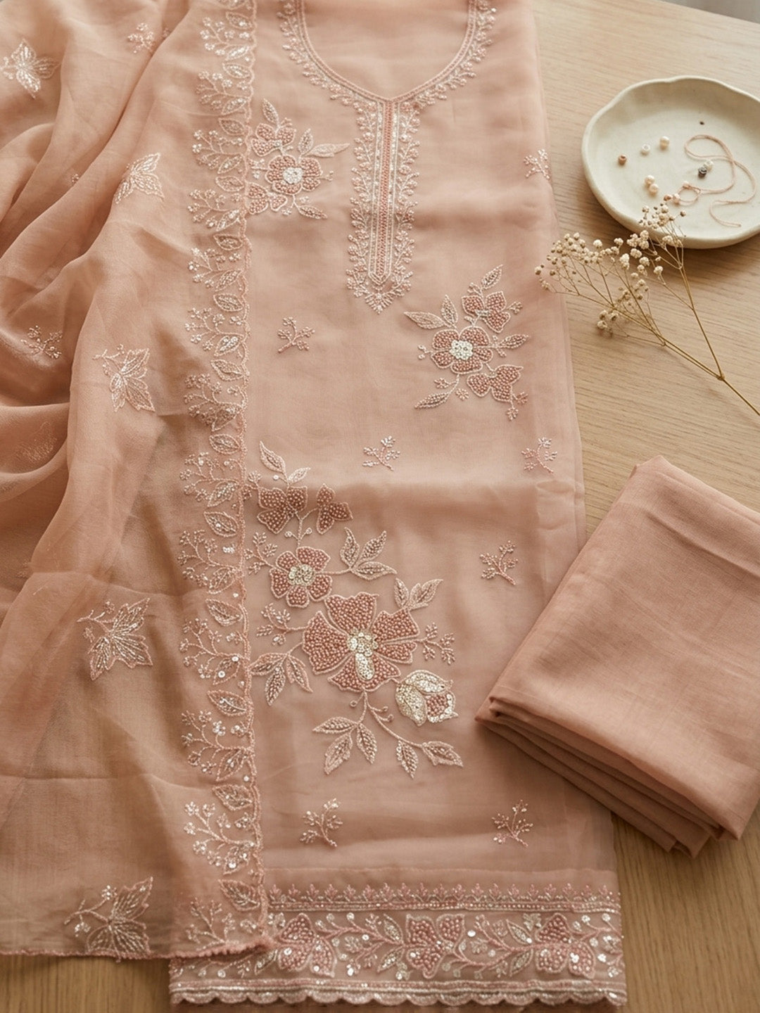 Embroidered Organza Unstitched Suit With Pant &amp; Dupatta