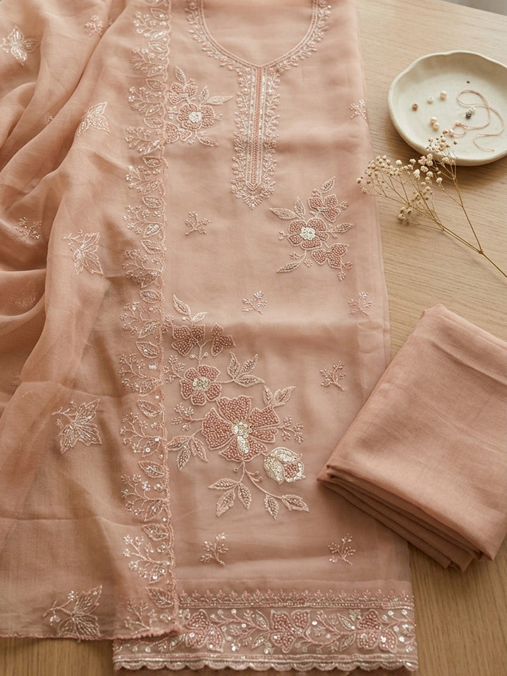 Embroidered Organza Unstitched Suit With Pant &amp; Dupatta
