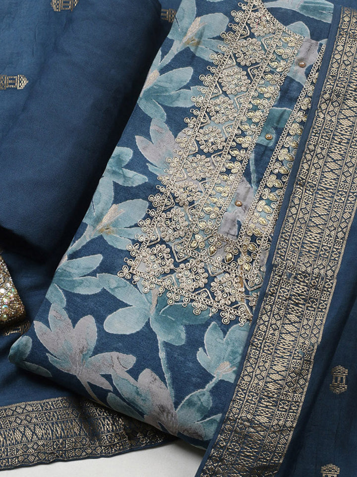 Printed Cotton Blend Unstitched Suit With Pant &amp; Dupatta