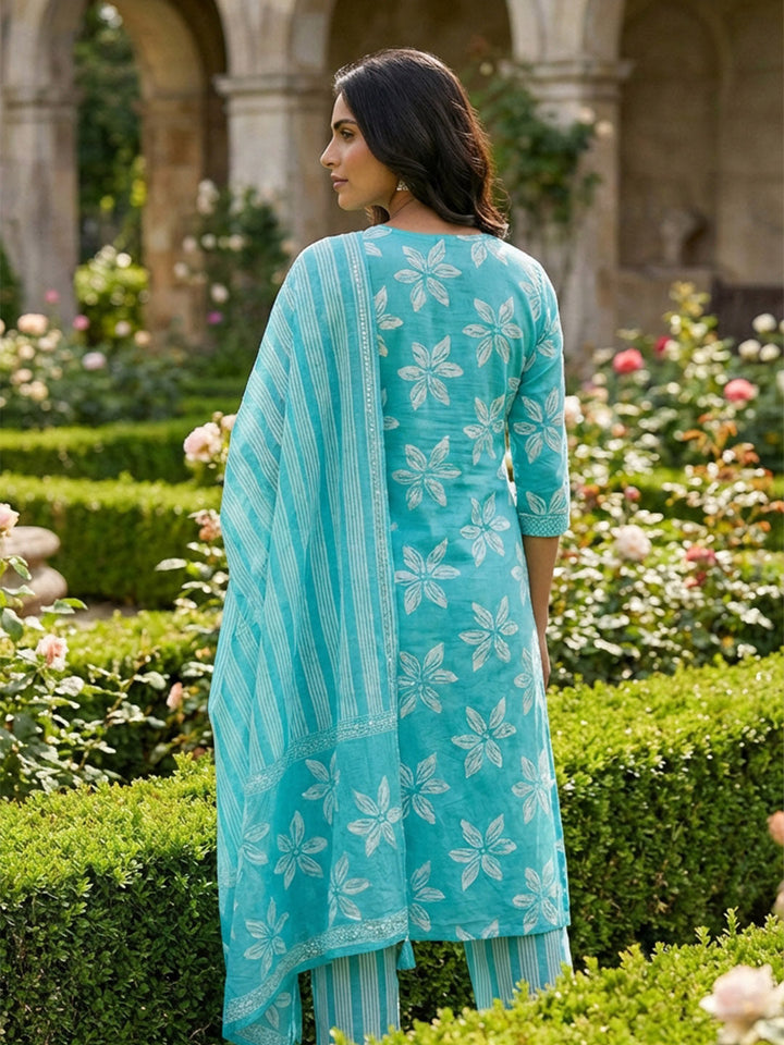 Printed Cotton Blend Kurta With Pant &amp; Dupatta