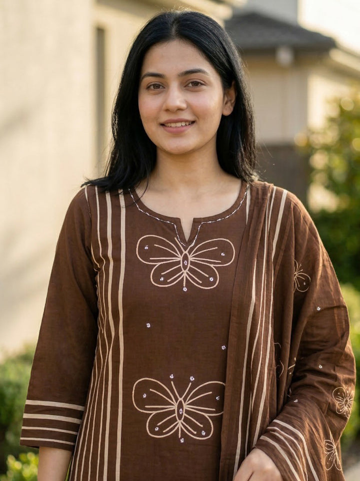 Brown Printed Cotton Blend Straight Suit Set With Dupatta