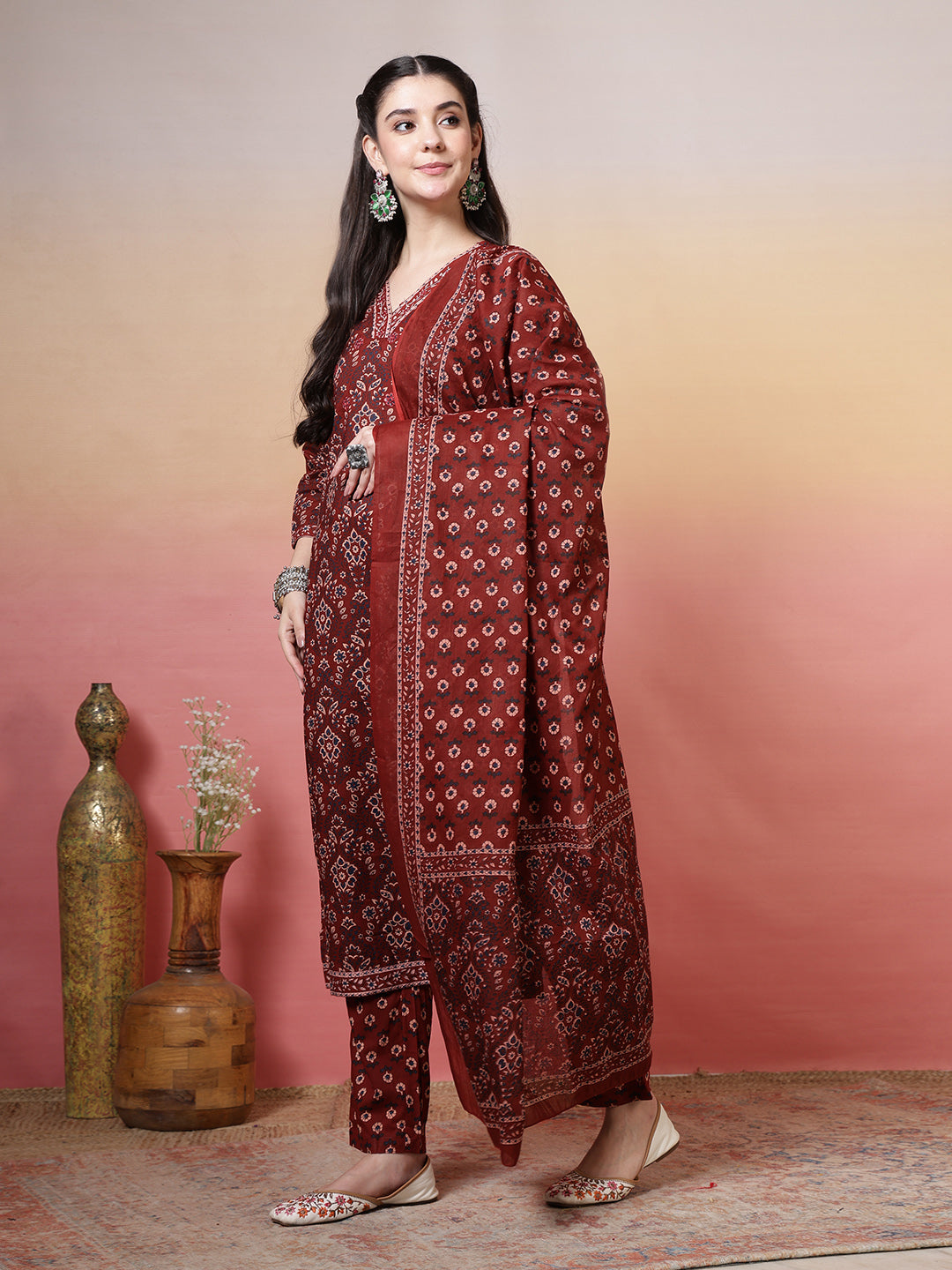 Embroidered Cotton Kurta With Pant &amp; Dupatta