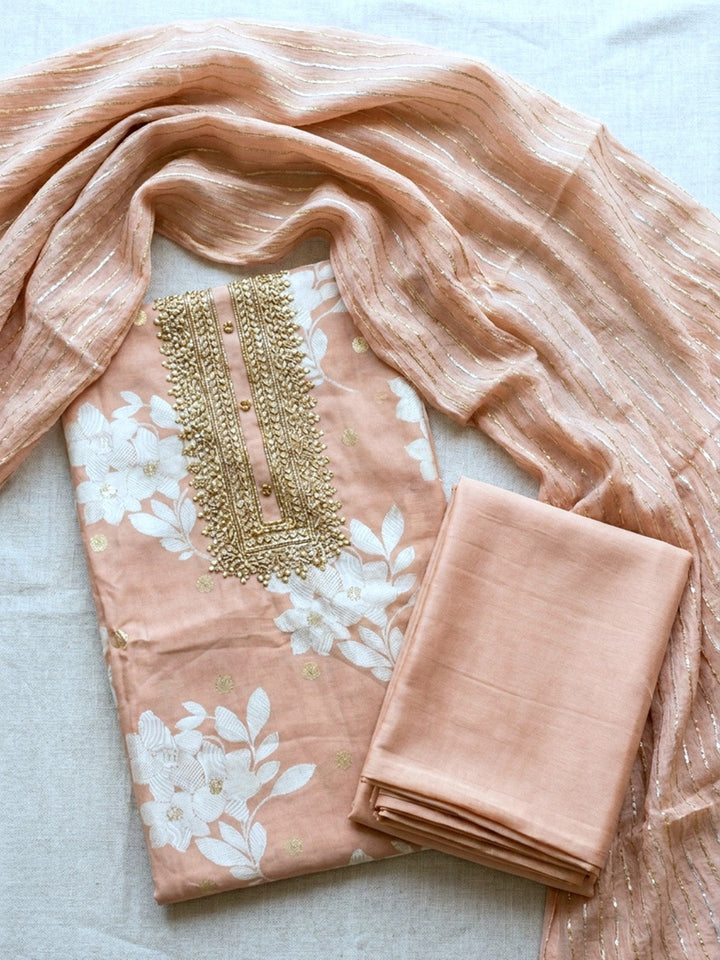 Embroidered Cotton Blend Unstitched Suit With Pant &amp; Dupatta