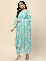 Printed Cotton Kurta With Pants & Dupatta