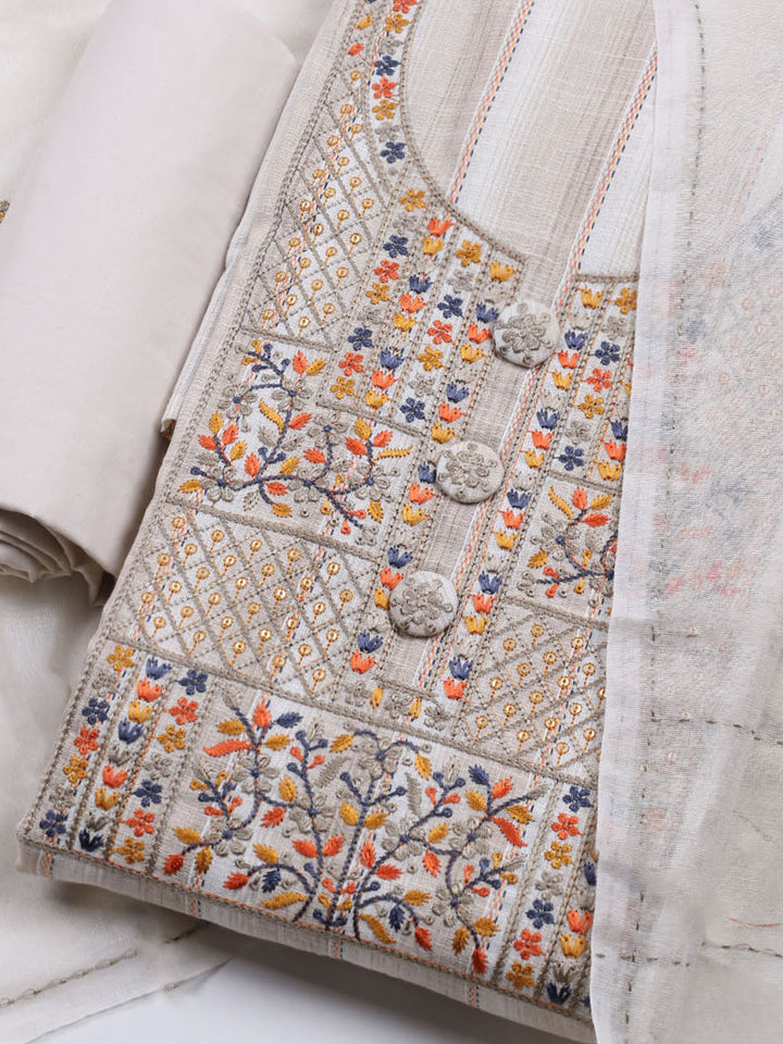 Neck Embroidered Cotton Blend Unstitched Suit With Dupatta