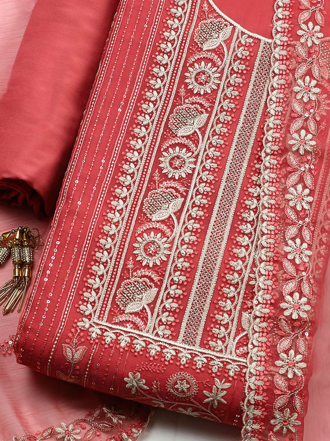Embroidered Organza Unstitched Suit With Pant &amp; Dupatta