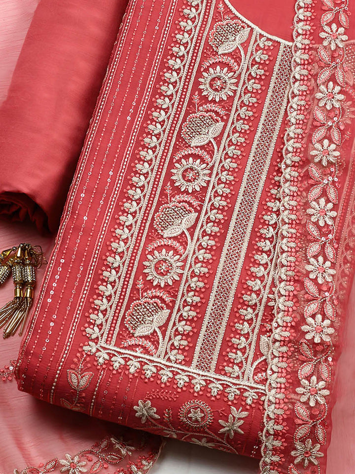 Embroidered Organza Unstitched Suit With Pant &amp; Dupatta