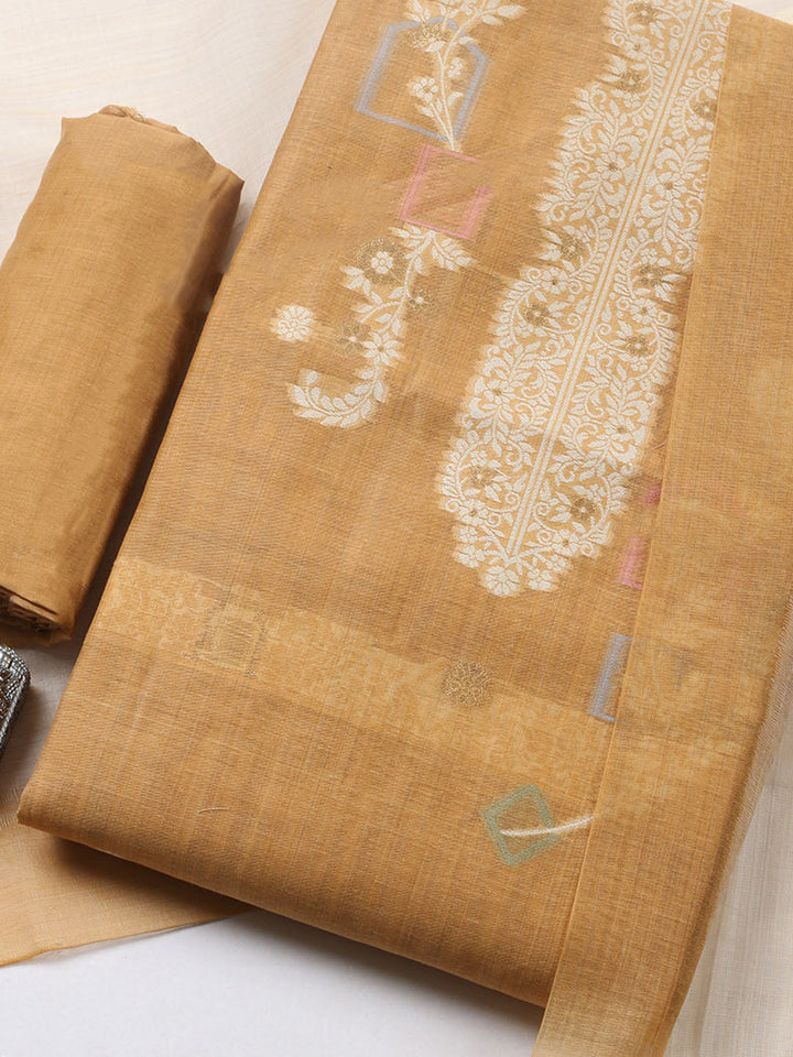 Printed Chanderi Unstitched Suit With Pant &amp; Dupatta