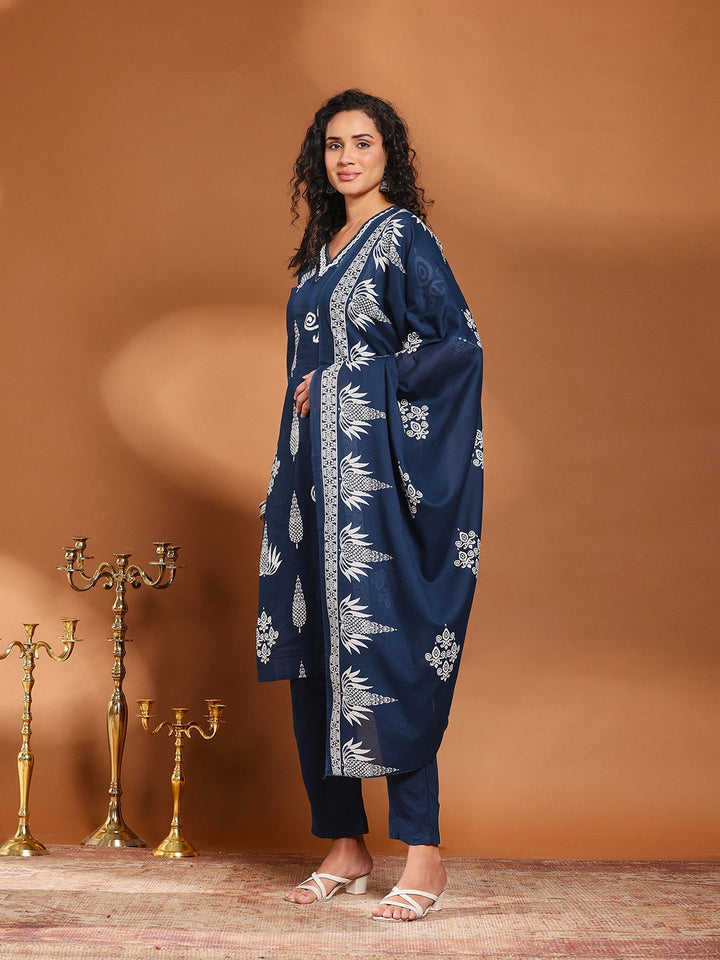 Printed Cotton Blend Kurta With Pant &amp; Dupatta