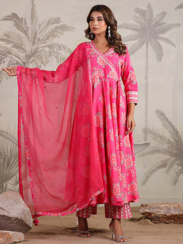 Floral Printed Cotton Blend Kurta With Pants & Dupatta