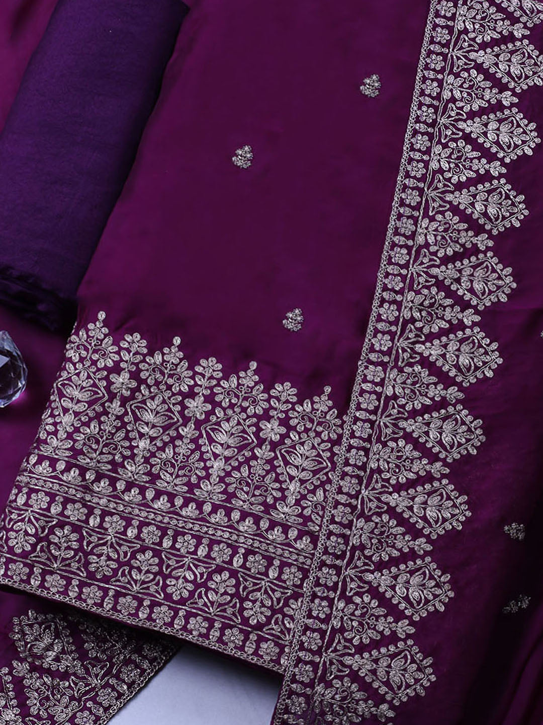 Embroidered Chanderi Unstitched Suit With Pant &amp; Dupatta