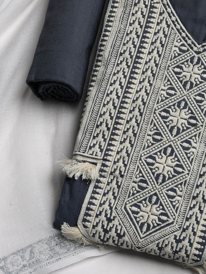 Neck Embroidered Cotton Blend Unstitched Suit With Dupatta