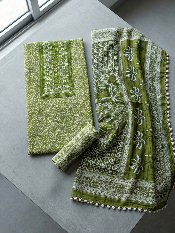 Embroidered Cotton Blend Unstitched Suit With Pant &amp; Dupatta