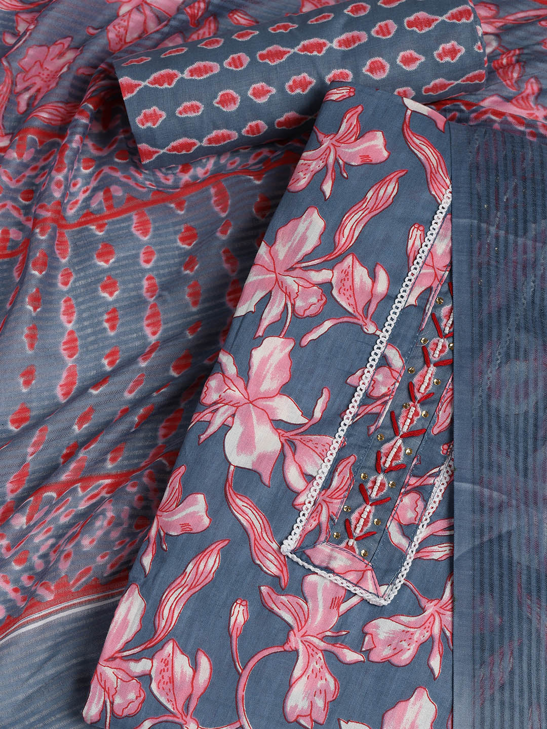 Printed Cotton Blend Unstitched Suit With Dupatta